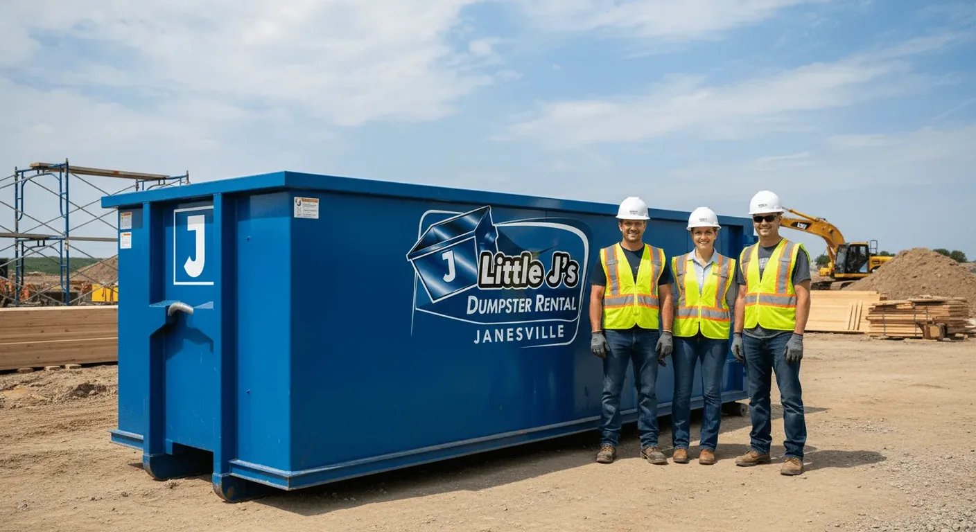 Little J's Dumpster Rental Janesville team The Little J's Dumpster Rental crew standing beside a branded blue roll-off container in Janesville